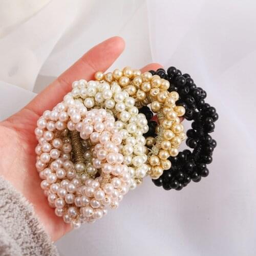 6CM Women Fashion Rope Scrunchie Ponytail Holder White Black Champange Faux Pearl Beads Elastic Hair Bands Hair Accessories