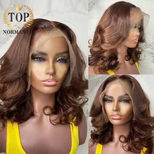 Topnormantic Brown Color Body Wave T Part Lace Wigs For Women Brazilian Remy Human Hair 4x4 Closure Short Bob Wig