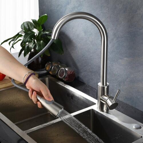 Pull Out Kitchen Sink Faucet Deck Mounted Rotation Swivel Spout Sink Faucet Sprayer Stainless Steel Cold and Hot Mixer Water Tap