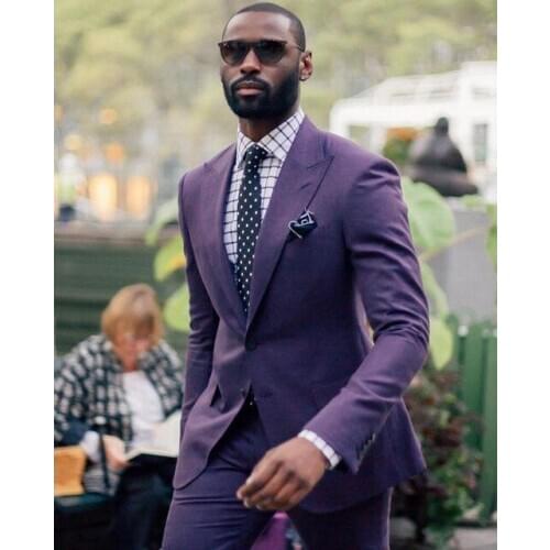 High Quality Two Buttons Purple Groom Tuxedos Peak Lapel Groomsmen Mens Suits Blazers (Jacket+Pants+Tie) W:689