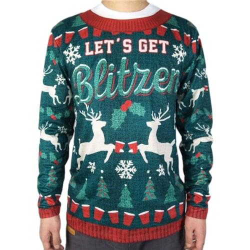 Funny Lets Get Blitzen Ugly Christmas T Shirt for Men Tacky Mens 3D Beer Pong Print Ugly Xmas Party Long Sleeve T Shirts