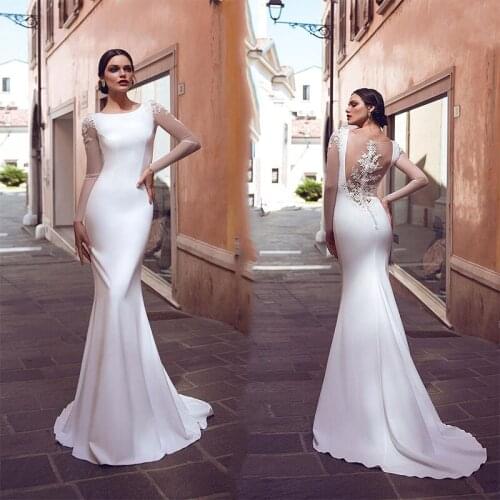 Illusive Long Sleeve Lace Flower Sheath Wedding Dresses Simple Satin Bridal Gowns
