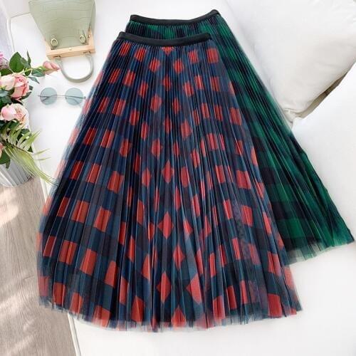 Spring and Summer Womens Plaid Mesh Skirt High Waist Pleated Skirt Sweet Puffy Swing Skirt Women GD320