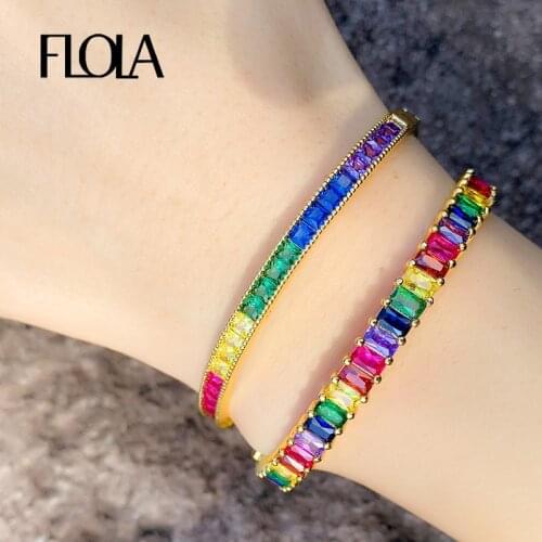 FLOLA Rainbow Gold Bangle Bracelets For Women Crystal Tennis Bracelet And Bangle CZ Cubic Zirconia Pave Statement Jewlery brtb81
