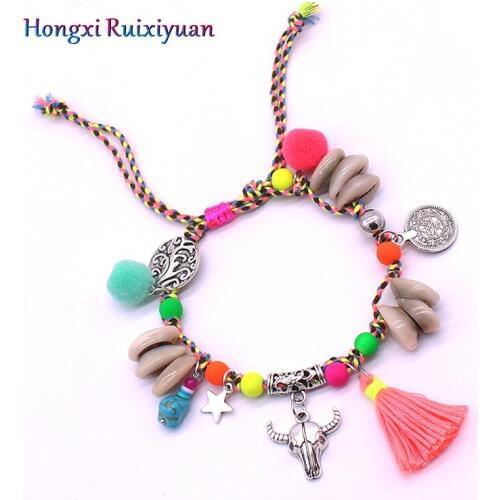 Shell anklet fashion beaded shell bull head retro anklet Bohemia beach shell party alloy bull head lady bracelet foot jewelry