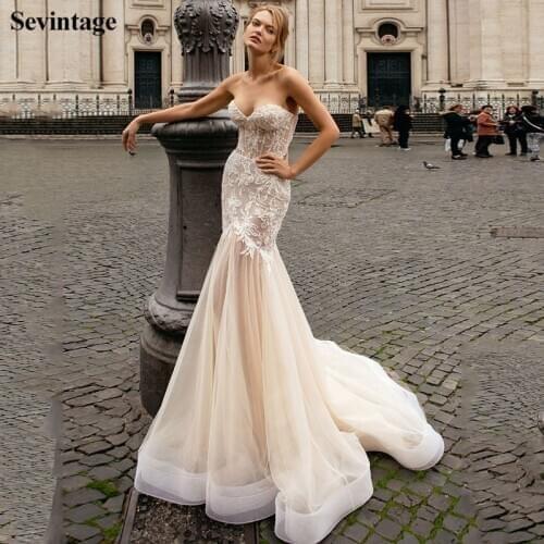 Sevintage Mermaid Lace Wedding Dresses Boho Sexy Backless Sweetheart Bridal Gowns Long Tail Plus Size Custom Made Bride Dress