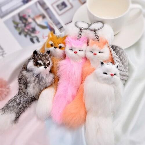 1PC Cute Fluffy Keyring Animal Cartoon Fox Pendant Car Key Ring Charm Bag Purse Real Fox Fur Jewelry Women Gifts Charm Keychain