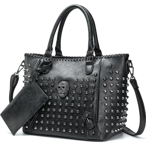 Annmouler New Rivet Women Bag Pu Leather Crossbody Bag Purse Skull Handbag Quality Punk Shoulder Bag with Wallet Messenger Bag