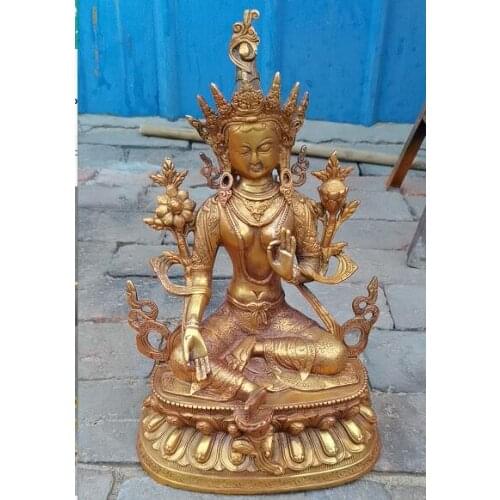 Free shipping Collectible bronze 36 cm Tibet Tibetan Bronze Gilt Lotus Seat Green Tara Goddess BUDDHA Statue
