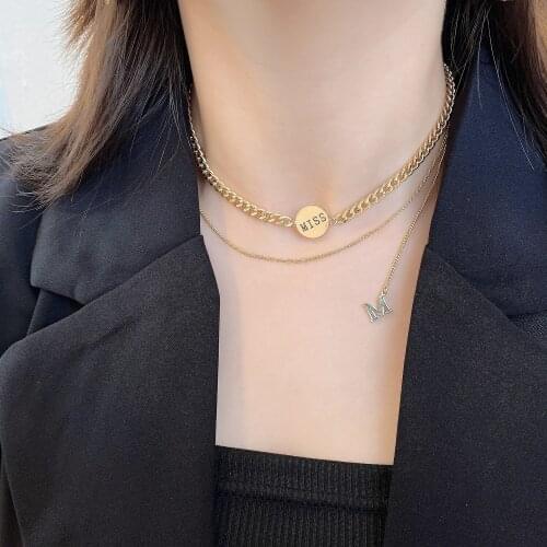 Flashbuy Simple Fashion Stainless steel Chain Choker Necklaces for Women Girls Letter Round Pendant Necklace Chic Jewelry