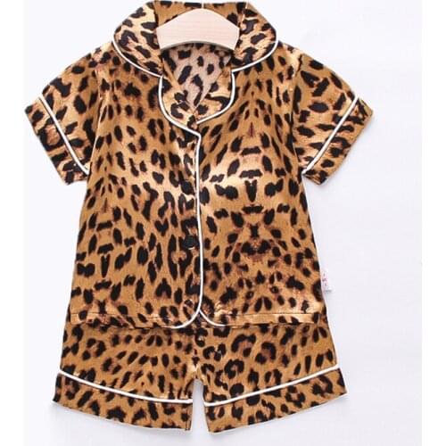 1-4 Year Toddler Children Pajamas Set Leopard Silk Satin Baby Boys Girls Sleepwear Short Sleeve Tops + Shorts Kids Homewear Suit