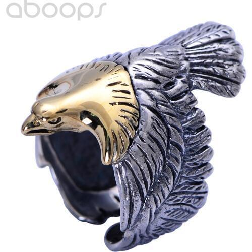 Bicolor 925 Sterling Silver Eagle Ring with Gold Head for Men,Adjustable Size 9-11,Free Shipping