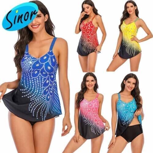 European and American New Feather Printing with Contrast Color Stitching Large Split Swimsuit Sexy Foreign Trade Bikini