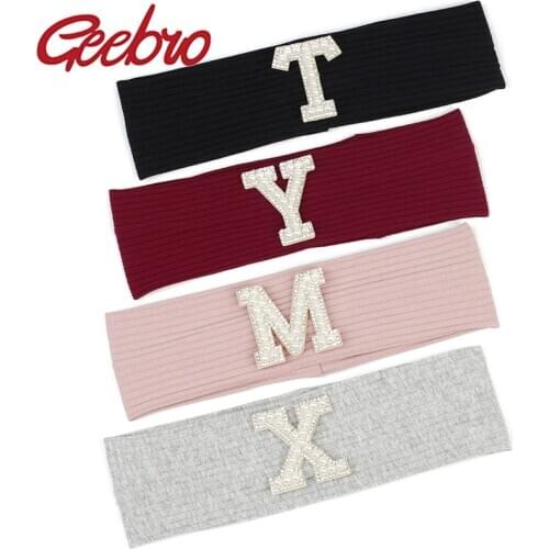 Geebro Baby Girls Fashion Pearl letters Ribbed Headbands Stretchy Hair Bands For Children Summer Kids Plain Turban Hairband