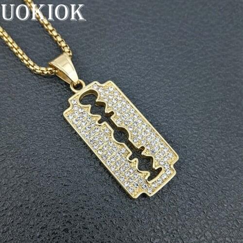 Hip Hop Iced Out Bling Rhinestone Razor Blade Pendants Necklaces Gold Color Stainless Steel Golden Necklace for Men Jewelry