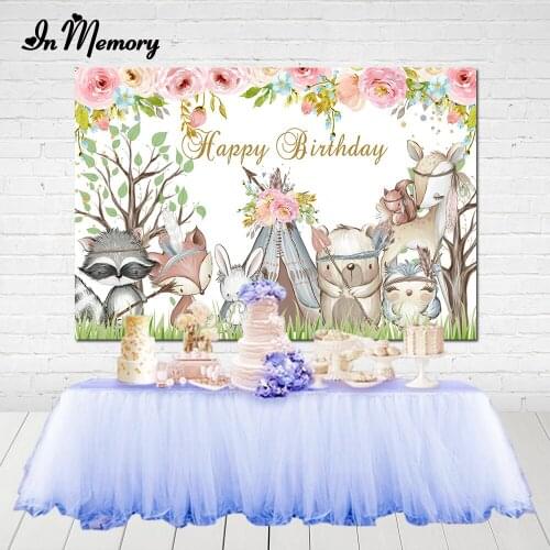 InMemory Animals Woodland Party Backdrop For Photography Pink Flowers Kids 1st Birthday Background Photo Studio Customized