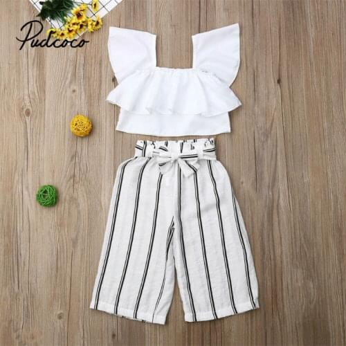 2PCS Toddler Kids Girls Summer Outfits Clothes White Crop Tops+Striped Pants Outfits Set Fashion Clothing 2-7 Years