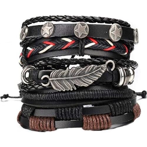 Bracelet Bangles Braided Multiple Charm Bracelets Set For Men Woman Wristbands Leaf Star Leather Bracelet Bangles Party Jewelry