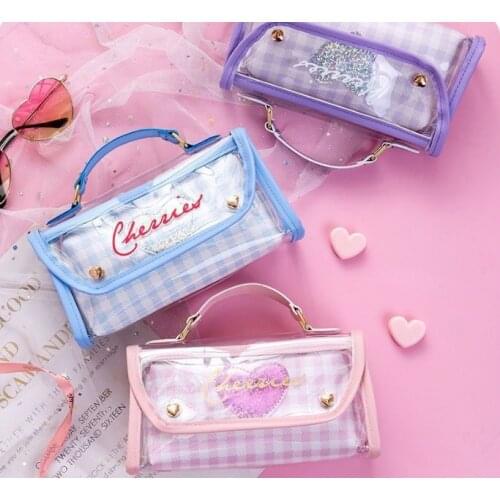 Pink Girls Large Capacity Pencil Case Double Layer Pencil Bag Fashion Jelly Bag School Pen Makeup Case Supplies Cartoon Fruit