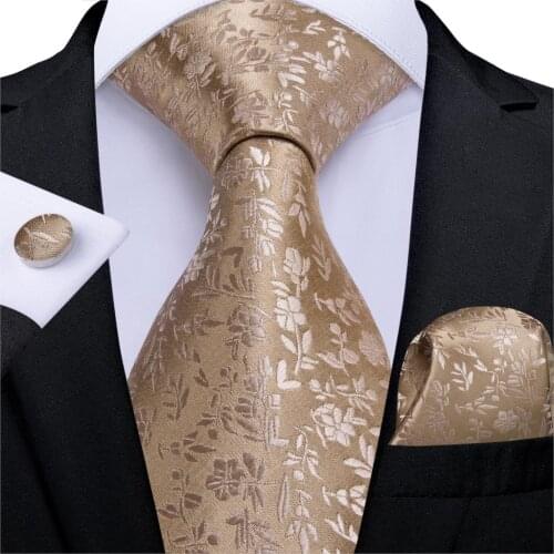 Gift Men Tie Gold Solid Floral Silk Wedding Tie For Men DiBanGu New Designer Hanky Cufflink Business Men Tie Set Party MJ-7270