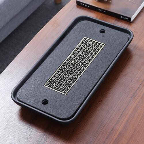 Reservoir tea tray heavy black stone tea table water draining pipe outlet Chinese stone tea plate serving tray small for pot cup