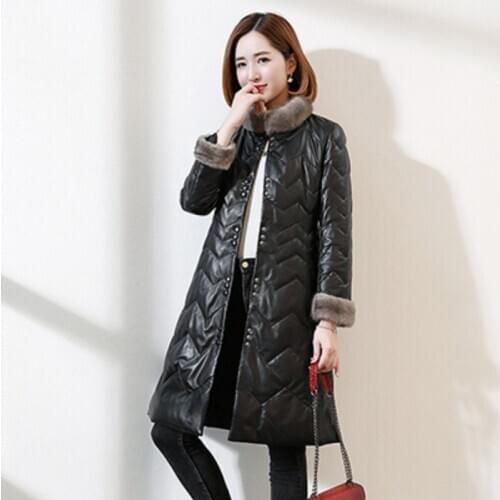 Luxury Womens Genuine Leather Down Jacket 2020 New Winter Mink Fur Collar Slim Sheepskin Coat Office Lady Warm Overcoat M-3XL