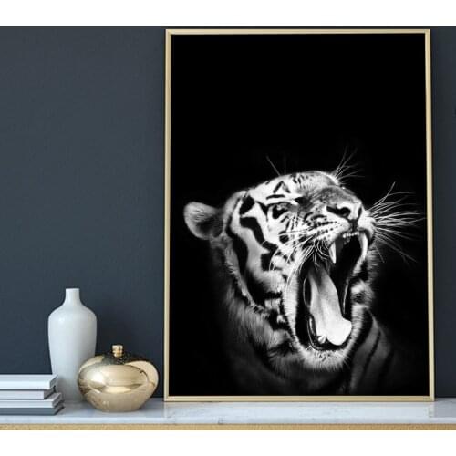 Nordic Animal Posters and Prints Black White Roaring Tiger Canvas Painting Wall Art Pictures Modern Home Decoration