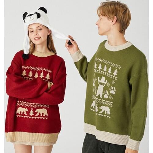 MERRY PRETTY Womens Cartoon Embroidery Christmas Knitted Sweaters Winter Thick Warm Boyfriend Jacquard Sweater Knit Pullover