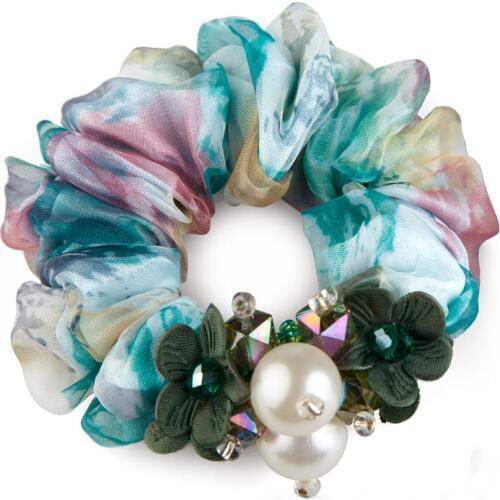 Women Lady Satin Ribbon Cloth Flower Crystal Pearls Lace Hairband Decor Rope Elastic Ponytail Holder Hair Bands Accessories