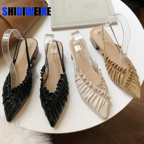 Women PU leather singback slip-on summer sandals elegant ladies pointed toe eveing pumps pleated high qualitye Square Heel shoes