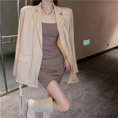 Alien Kitty 2021 Autumn Suits Slim Women High Street Office Lady Casual Blazers Prom OL Retro Mini Slip Dress Two-Piece Sets