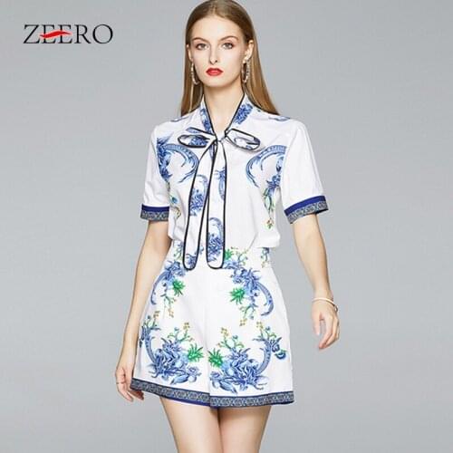 Summer 2 Piece Set Women Sexy Floral Print Bow Neck Shirt Blouse + Shorts Set Ladies Vintage Elegant Plus Size Matching Sets
