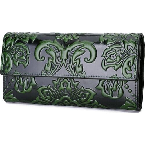 Genuine leather cow skin women solid long purse 3 folder wallets high quality