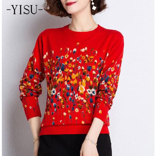 YISU Fashion Spring Womens sweater O-Neck Printing Long sleeves Jumper Female Casual Loose Thin Knitted pullover 2021 New