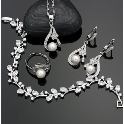 Flower Cubic Zirconia Silver 925 Jewelry Freshwater Pearls Jewelry Sets For Women Wedding Earrings With Stone Pearl Necklace Set