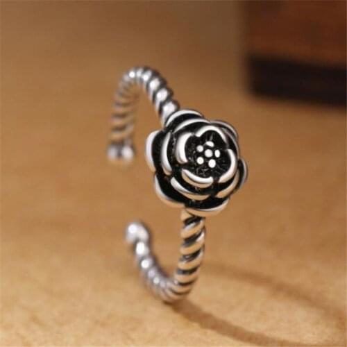 Season Gate 925 Sterling Silver Retro Black Rose Creative Adjustable Size Open Ring for Women Girls SR050