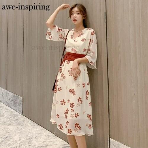 Short sleeve Flower Chiffon Improved dress for women Summer High Waist V Neck Slim floral Red Vintage Japanese Popular Vestidos