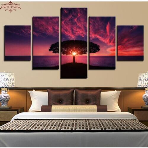 Canvas Paintings Wall Art Framework 5 Pieces Tree Red Sunset By Sea Landscape Pictures HD Prints Abstract Posters Home Decor