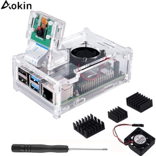 Aokin For Raspberry Pi 4 B Case Supporting Camera Installation with Heatsinks + Camera Case Holder + Cooling Fan + Acrylic Case
