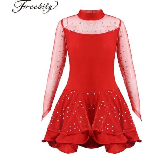 Kids Girls Latin Dress with Shorts Mesh Long Sleeve Sequin Latin Rumba Samba Dance Competition Performance Costume Dance Dresses