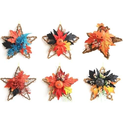 E56C Halloween Wood Five-Star Artificial Wreath Pumpkin Maple Leaves Berries Garland