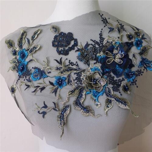 Exquisite Pearl Beaded Lace Appliques With Sequins Embroidery Mixed-Color Sewing Trims Floral Lace Fabric Trim Wedding Decor