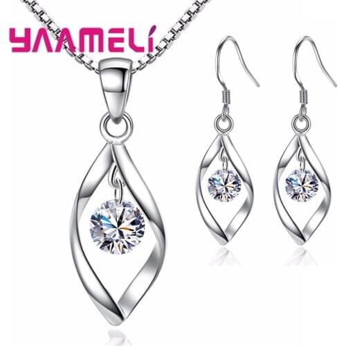 CZ Necklace Earring Bridal Jewelry Sets Wholesale 925 Sterling Silver Shining Cubic Zirconia Water Drop Wedding Engagement