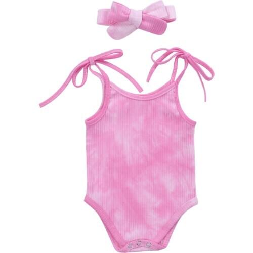 Summer Baby Girl Outfits Summer Tie Dyeing Lace-up Romper Sleeveless Strap Jumpsuit+Headband 2Pcs Toddler Baby Girl Set