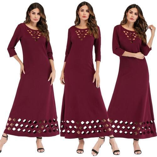 Fashion Women Hollow Out Abaya Long Maxi Dress Autumn Casual Kaftan Islamic Cocktail Gown O-Neck Party Clothing Middle East Robe