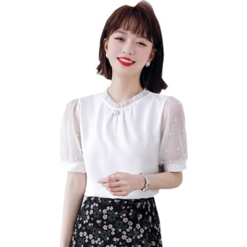 Fashion Womens Blouses Short Sleeve Stand Collar Chiffon Shirts Summer Casual Beaded Woman Tops Blusas Mujer Verano Elegantes
