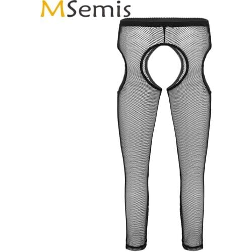 Men Sissy Erotic Hosiery Lingerie American Clothing Fetish Gay Hollow Out Fishnet Open Crotch Tight Pants Clubwear Sexy Leggings