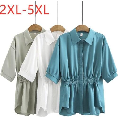 New 2021 Ladies Summer Plus Size Tops For Women Large Blouse Short Sleeve Loose Casual Blue Fold Chiffon Shirt 2XL 3XL 4XL 5XL
