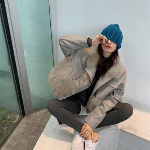 2021 New Autumn And Winter Leather Jacket Womens Motorcycle Jacket Lapel Fur Collar Thickening Womens Fur Jacket