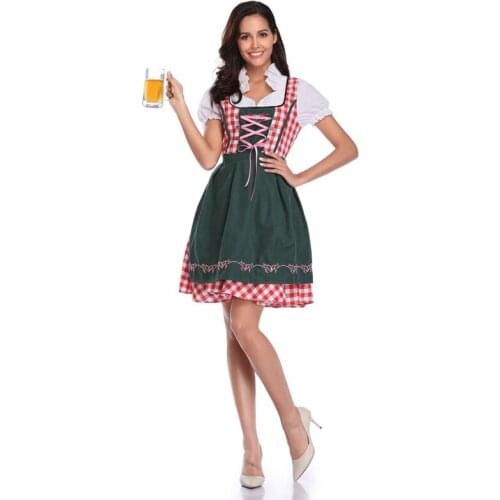 The New Lady Dirndl Oktoberfest Costume Bavarian National Pink Plaid Clubwear Cosplay Carnival Halloween Fancy Party Dress